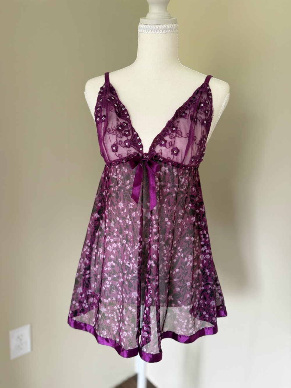 Vintage Y2K purple babydoll top camisole Sheer Lace Floral bow sequins ribbon M - Picture 3 of 6